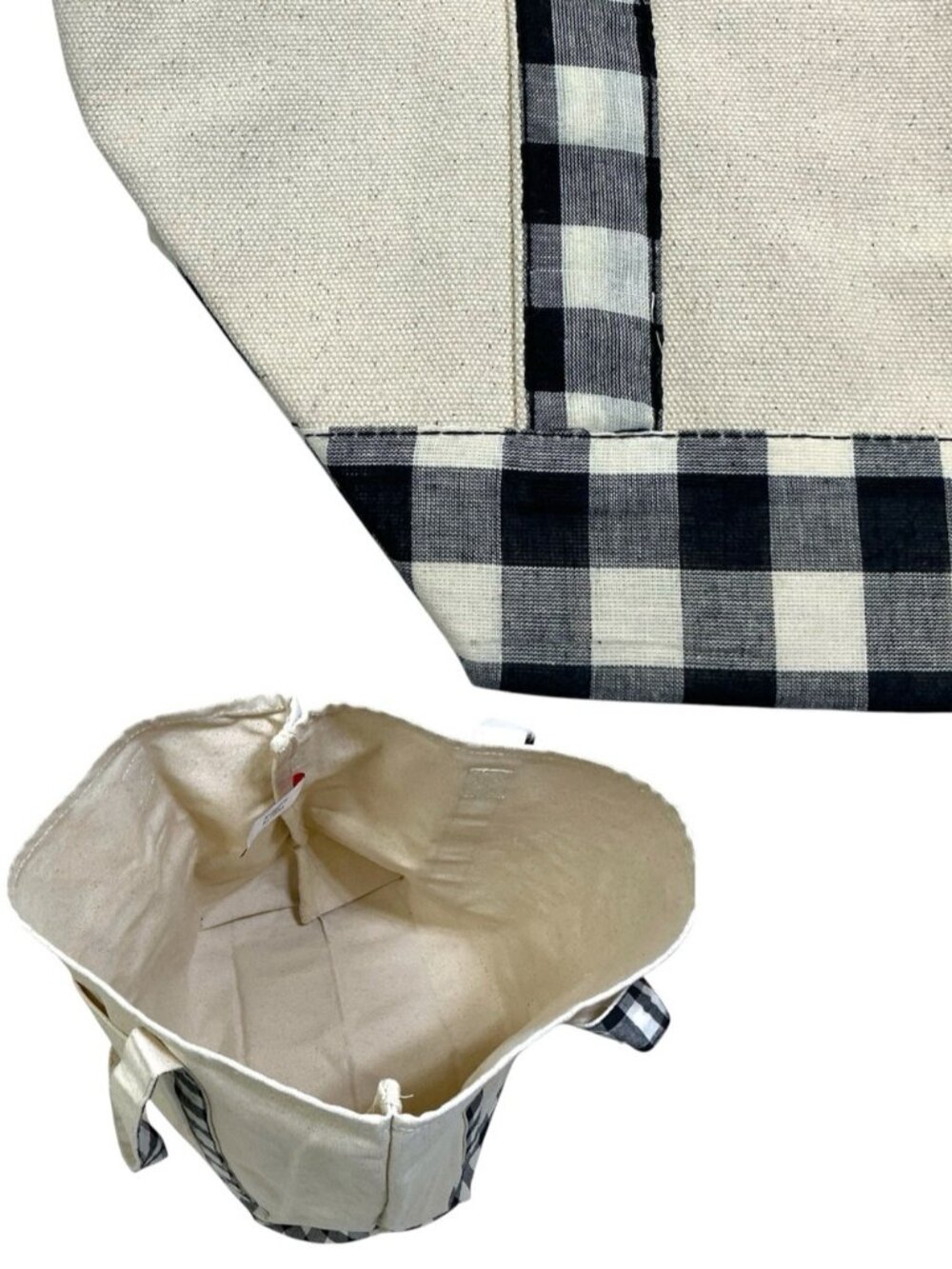 Large Tote Heavyweight Canvas Black White Neutral Tan Gingham Buffalo Plaid - Picture 7 of 16